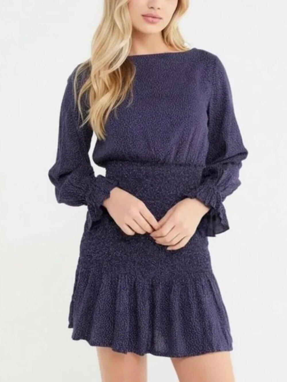Urban Outfitters Leandra Smocked Waist Mini Dress Blue Polka Dot Women's Small